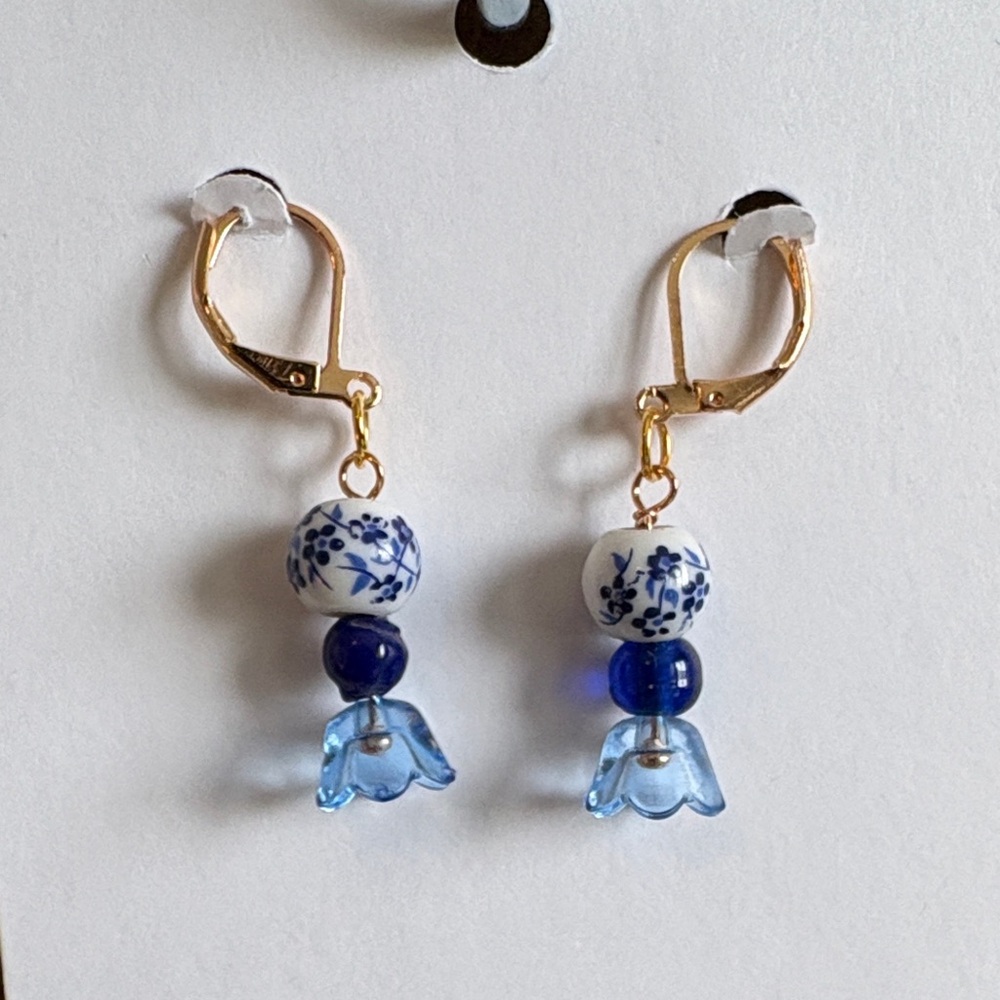 Hand Crafted Blue Floral Porcelain & Glass Dangle Earrings - Gold